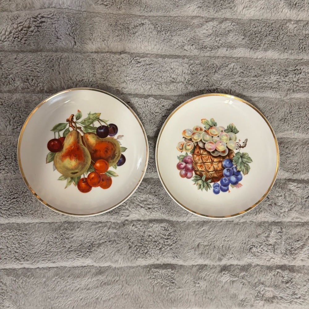 Two Vintage Fruit Gold Rimmed Deco Plates, Wall Decor, China, Salad Plates, 7”